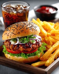 A tasty burger with fresh lettuce, tomato, and red onion is presented with crispy french fries and a refreshing cola on a rustic wooden serving tray setting.