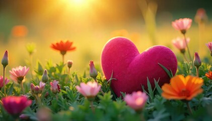 Close-up of a heart-shaped object nestled in a field of wildflowers, bathed in soft sunlight, conveying a sense of gentle affection and natural beauty , blue, color, grass