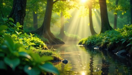 Tranquil forest scene with sunlight filtering through leaves, creating a natural, serene bathing experience in nature Perfect for relaxation and well-being themes , water, idyllic