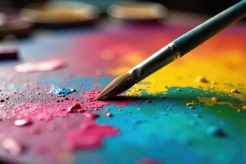 Fototapeta premium Close-up of a paintbrush resting on a vibrant, colorful artist's palette, ready for the next stroke of creative genius The scene is bathed in soft, natural light , genius, texture