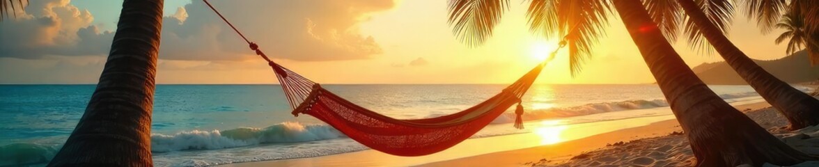 Golden hour sunlight bathes a hammock gently swaying between two palm trees on a tranquil beach Perfect summer relaxation scene Tropical paradise, vacation vibes , tropical, leaves