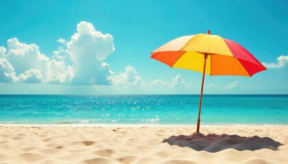 Vibrant beach umbrella providing shade on a sunny day, casting a shadow on the golden sand Perfect for summer vacation, relaxation, and coastal imagery , colorful, blue