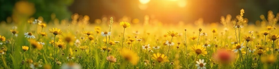 Golden sunlight bathes a vibrant summer meadow, wildflowers swaying gently in the breeze A perfect scene of idyllic rural beauty, teeming with life , countryside, vegetation, breeze