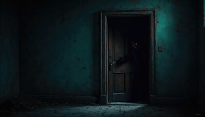 Obraz premium A shadowy figure lurking behind a creepy, old door, ready to jump out and scare; a classic horror scene perfect for Halloween or thriller projects , hidden, mysterious, mystery
