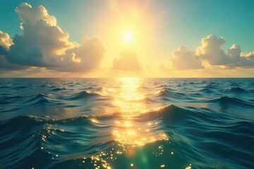 Golden sunlight bathes a vast, shimmering ocean, creating a breathtaking scene of nature's beauty The water glows with an ethereal, golden light, reflecting the radiant sky above , golden hour, ocean
