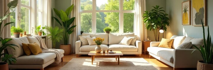 A cozy living room filled with sunlight, plants, and comfy furniture; a feeling of contentment and relaxation pervades the space, suggesting a happy home, not just a rental , calm, lease