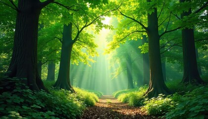 Naklejka premium Lush green forest canopy, sunlight filtering through leaves, creating dappled shadows on the forest floor Perfect for nature, environment, and ecology themes , organic, plants, vegetation