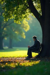 A solitary figure sits pensively on a park bench, lost in thought, sunlight dappling through the leaves The overall mood is one of quiet contemplation and gentle melancholy , pensive, emotion