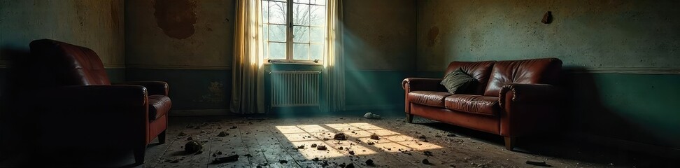 A distressed, shadowy interior scene suggesting the aftermath of a domestic dispute, with overturned furniture and broken objects hinting at a struggle , home, overturned