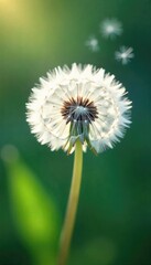 Delicate, feathery white dandelion seeds float on a gentle breeze, creating a ethereal, light and airy scene Perfect for spring, nature, and tranquility themes , flight, light, floral