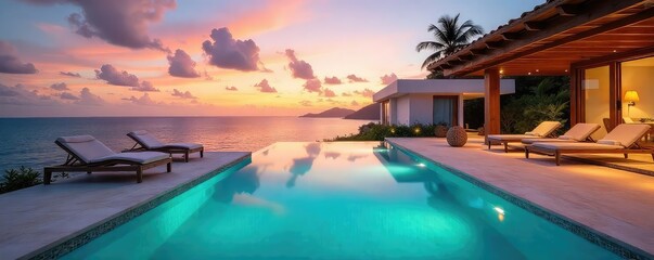 Luxury villa with private pool, overlooking stunning ocean views Enjoy breathtaking sunsets and ultimate relaxation in this idyllic paradise Perfect for a memorable escape , escape, greenery