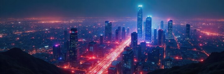 Fototapeta premium A futuristic cityscape at night, glowing with holographic displays and flying vehicles, sound waves emanating from a central point, suggesting listening to the future , innovation, mystery