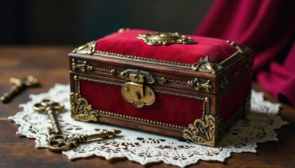 Elegant antique jewelry box rests on a velvet cushion, surrounded by vintage lace and antique keys, reflecting aristocratic heritage and old-world charm , cushion, craftsmanship