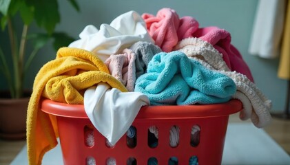 Overwhelmed laundry basket overflowing with wrinkled clothes, socks, and towels A messy pile of unwashed garments representing household chores and domestic life , untidy, colorful