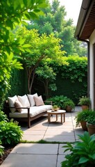 Fototapeta premium Serene garden patio scene with lush greenery, inviting furniture, and natural stone paving Perfect for relaxation and outdoor entertaining , deck, chairs, outdoor