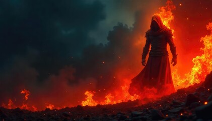 Fiery orange and red flames engulf a shadowy figure, creating an intense and powerful image Perfect for fantasy, mythology, or abstract art projects , smoke, warning, texture