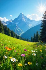 Fototapeta premium Serene mountain meadow bathed in sunlight, wildflowers in bloom, lush green grass, clear blue sky Perfect for nature, travel, and landscape projects , rural, pasture, blossom
