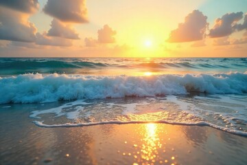 Obraz premium Golden hour sunlight bathes a tranquil ocean scene Waves gently lap the shore, creating a peaceful summer seascape Perfect for travel, vacation, or relaxation themes , sunrise, landscape, coastal
