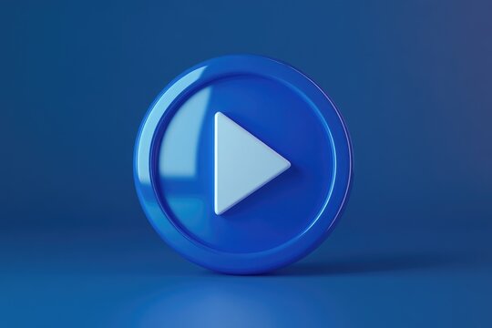 A glossy, circular blue button features a light-grey play icon, set against a matching blue background, creating a clean, minimalist design