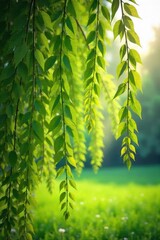 Graceful willow branches draped with delicate, new spring leaves, sunlight filtering through the foliage A vibrant scene of springtime renewal and natural beauty , botany, leaf, garden