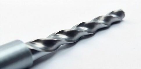 High-angle close-up shot of a gleaming, new drill bit against a pure white background Perfect for tool, hardware, or DIY projects Ideal for websites, blogs, and advertisements , new, diy
