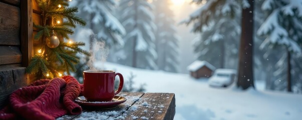 Cozy winter cabin scene with snow-covered trees and a steaming mug on a rustic table Perfect for winter promotions, holiday marketing, and cozy atmosphere imagery , wood, mountains, winter wonderland