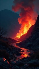Intriguing, shadowy image of a fiery, smoldering landscape Heat shimmers in the air, secrets hidden in the glowing embers A mysterious, captivating scene of intense heat , desolate, embers