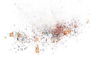 Colorful pencil tip shavings from sharpener, isolated on white background and texture, clipping path