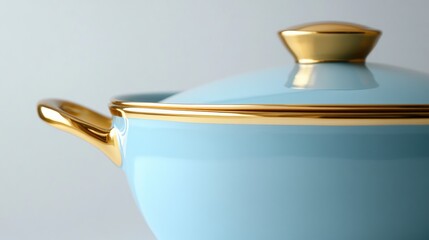 Pale-blue ceramic casserole dish with gold-trimmed lid and handles, elegant and detailed