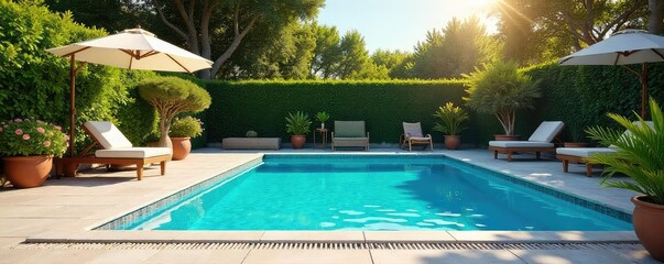 Inviting blue swimming pool shimmering under the summer sun, surrounded by lush greenery and sun-drenched patio furniture Perfect for relaxation and summer fun , backyard, plants