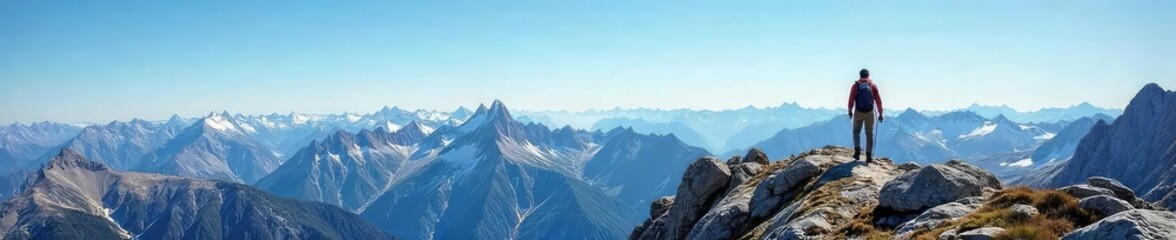 Fototapeta premium Conquer the summit! A breathtaking panoramic view from a challenging mountain peak hike Rocky terrain, alpine scenery, clear blue sky, and distant mountain ranges are visible , flora, sky