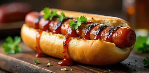 Juicy grilled hot dog on a bun, charred grill marks visible, glistening with barbecue sauce Perfect summer food, classic picnic item Delicious and appetizing close-up shot , barbecue, bun