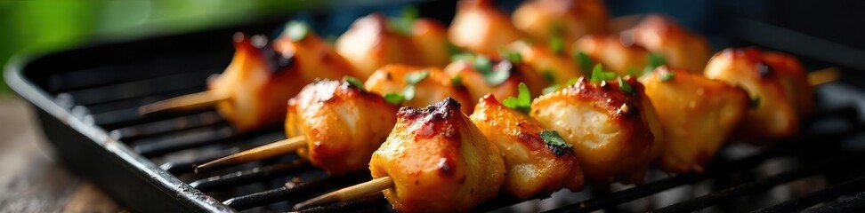 Juicy marinated chicken skewers perfectly prepped for grilling, ready to be cooked to golden perfection on the barbecue Enjoy a quick and easy meal with minimal prep time , easy, appetizing