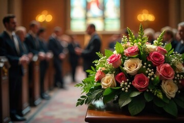 A somber and respectful scene at a funeral service, featuring floral arrangements and other traditional elements The image evokes feelings of peace and remembrance , quiet, wreaths, sorrow