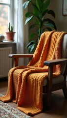 Cozy oversized sweater blanket draped over a rustic wooden armchair, adding warmth and texture to a living room scene Perfect for autumn or winter aesthetics , comfortable, living room