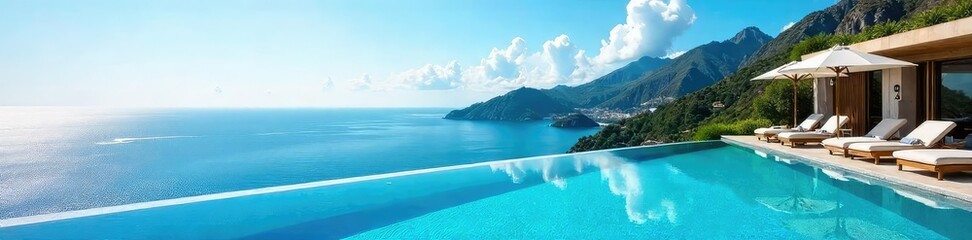 Luxury hotel with stunning blue-sky views from its rooftop infinity pool, offering breathtaking panoramic vistas and unparalleled relaxation Enjoy the ultimate getaway , dream, poolside, blue