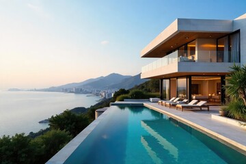 Obraz premium Luxury cityscape holiday villa with panoramic city views, modern amenities, and stunning architecture Perfect for a relaxing getaway , relaxation, spacious, cityscape