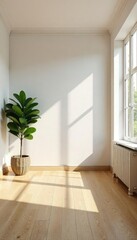 Fototapeta premium Sunlit interior room with large window, hardwood floors, and minimalist decor Empty space provides opportunity for staging various furniture and design elements , elegant, window, spacious
