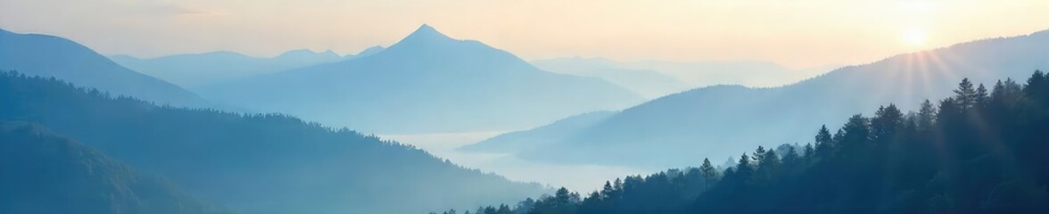 Misty mountain peaks shrouded in a thick layer of fog, creating an ethereal and mysterious atmosphere Sunlight filters through the clouds, illuminating the treetops below , vibrant, fog
