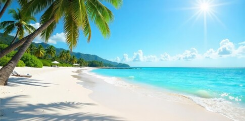 Sunny day at a tropical beach with gentle waves lapping the shore, clear blue sky, and white sand Perfect for summer vacation imagery and travel brochures , sky, holiday, carefree
