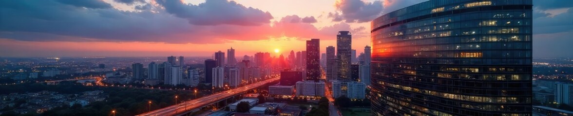 Modern glass and steel commercial building reflecting the city skyline at sunset Sleek architecture, urban landscape, business district, nighttime scene , window, steel structure, construction