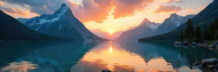 Panoramic vista of a dramatic mountain range, reflecting in a crystal-clear lake at sunset A stunning display of natural beauty perfect for travel and adventure themes , water, journey, hills