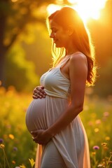 Radiant pregnant belly basking in warm sunlight on a beautiful summer's day Feel the joy and anticipation of new life blossoming under the golden rays , calm, hope, carefree