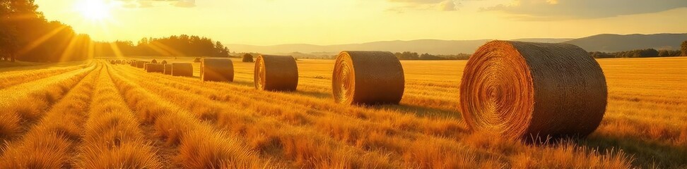 Rows of neatly stacked round hay bales in a sun-drenched ranch field, golden color, idyllic rural scene, perfect for agriculture or farming themes , agriculture, summer, dry grass