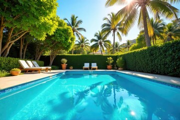 Relaxing summer scene of a sparkling blue swimming pool, surrounded by lush greenery and bright sunshine Perfect for summer vacation, travel, and relaxation themes , sunshine, trees
