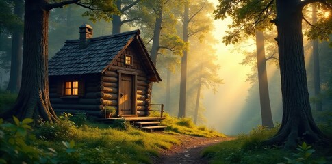 Rustic wooden forest hut nestled amongst towering trees, bathed in the soft light of dawn Perfect for fairytale, fantasy, and nature themes , woodland, log cabin, idyllic