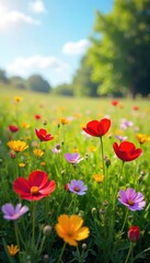 Obraz premium Vibrant wildflowers bloom in a sun-drenched meadow, creating a breathtaking display of color and natural beauty Perfect for nature, environmental, and springtime themes , wildflowers, pretty, serene