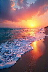 Serene beach scene at sunset, tranquil waves lapping the shore, peaceful sky Perfect for relaxation and well-being themes , stillness, summer, unwind