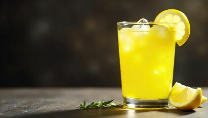 Fototapeta premium Freshly squeezed lemon juice in a glass, vibrant yellow color, ice cubes, refreshing drink, healthy beverage , natural, organic