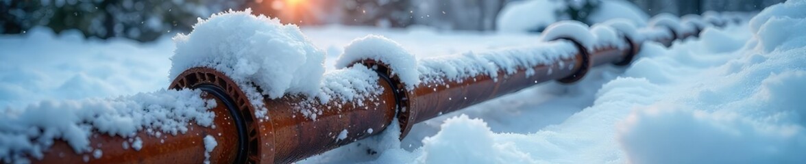 Frozen pipes bursting under a layer of snow and ice during a harsh winter storm Repair work needed, potential flooding, home damage, water leak , building, winter woes